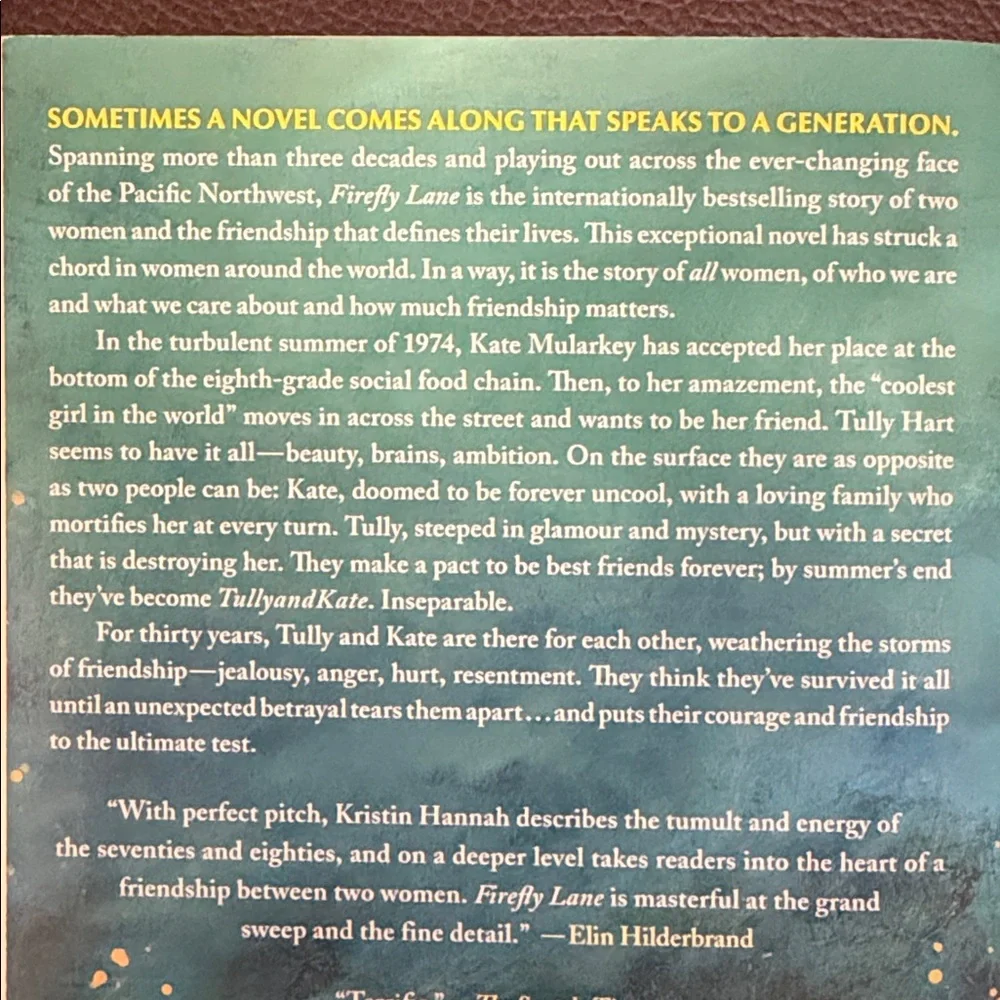 Kristin Hannah “Firefly Lane” Paperback Novel - NY Times Bestselling Author